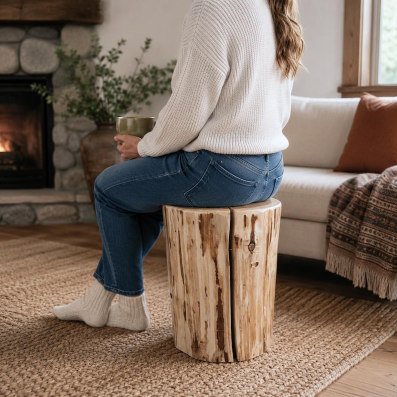 Pu&ograve; includere: Uno sgabello cilindrico in legno ricavato da un tronco naturale con una fessura verticale al centro. Lo sgabello presenta una venatura del legno chiara con residui di corteccia pi&ugrave; scuri e una superficie superiore piatta e liscia.