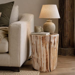 Pu&ograve; includere: Un tavolino cilindrico ricavato da un tronco d'albero naturale di colore chiaro con una fessura verticale. Sopra poggia una lampada da tavolo in ceramica beige con paralume conico in tessuto, una piccola tazza in ceramica abbinata e un libro.