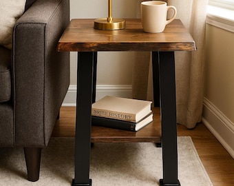 Rustic Live Edge End Table with Shelf, Metal Legs, Blue Pine Side Table Montana