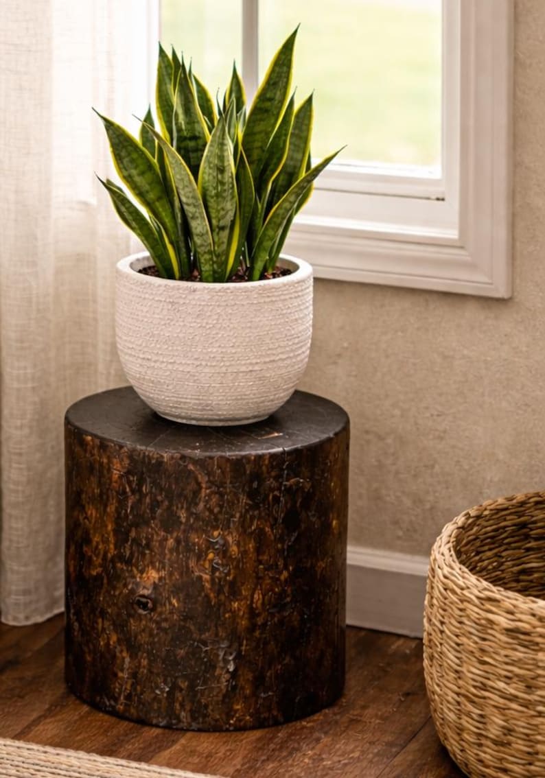 Puede incluir: Una planta de serpiente con hojas verdes largas y puntiagudas con bordes amarillos, en una maceta de cer&aacute;mica blanca con textura. La planta descansa sobre un taburete cil&iacute;ndrico de madera de color marr&oacute;n oscuro con veta y acabado natural.