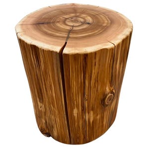 Pu&ograve; includere: Uno sgabello cilindrico in legno ricavato da un unico tronco d'albero, caratterizzato da una finitura naturale marrone chiaro con venature del legno visibili, un motivo circolare di anelli di crescita sulla parte superiore e una crepa verticale.