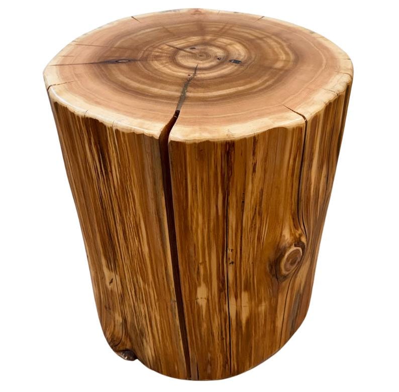 Pu&ograve; includere: Uno sgabello cilindrico in legno ricavato da un unico tronco d'albero, caratterizzato da una finitura naturale marrone chiaro con venature del legno visibili, un motivo circolare di anelli di crescita sulla parte superiore e una crepa verticale.