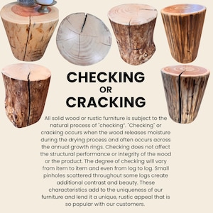 Puede incluir: Seis taburetes cil&iacute;ndricos de tronco de madera con vetas visibles, texturas de corteza y grietas verticales naturales. El texto dice: CHECKING OR CRACKING. Todos los muebles de madera maciza est&aacute;n sujetos al proceso natural de agrietamiento durante el secado.