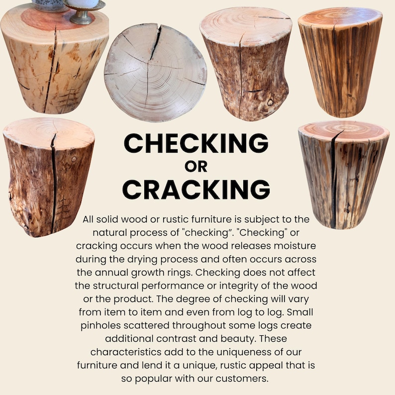 Puede incluir: Seis taburetes cil&iacute;ndricos de tronco de madera con vetas visibles, texturas de corteza y grietas verticales naturales. El texto dice: CHECKING OR CRACKING. Todos los muebles de madera maciza est&aacute;n sujetos al proceso natural de agrietamiento durante el secado.