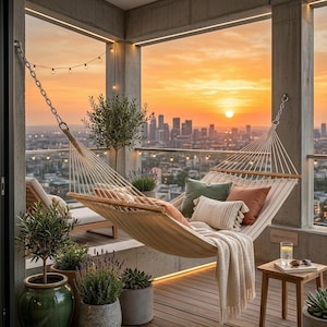 May include: A relaxing outdoor scene featuring a hammock with pillows and a blanket, set against a sunset cityscape. Potted plants and string lights add to the ambiance. A small wooden table holds a glass of water and sunglasses.