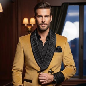 Herren Gold Samt Smoking Jacke, Schwarz Gesteppte Schal Revers, Luxus Abendgarderobe