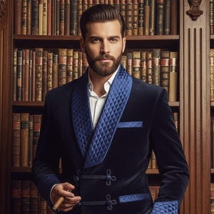 Men's Navy Velvet Tuxedo Jacket, Quilted Shawl Lapel, Formal Evening Wear