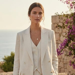 Beige Linen 3-Piece Suit Set, Elegant Minimalist Resort Wear