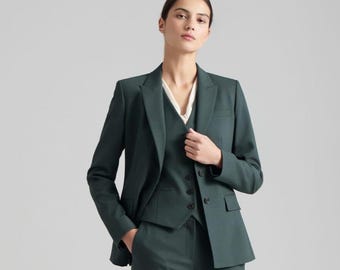 Women's Dark Green Pantsuit Set, Tailored Blazer Suit, 3 Piece Business Suit, Office Wear, Formal Wedding Outfit