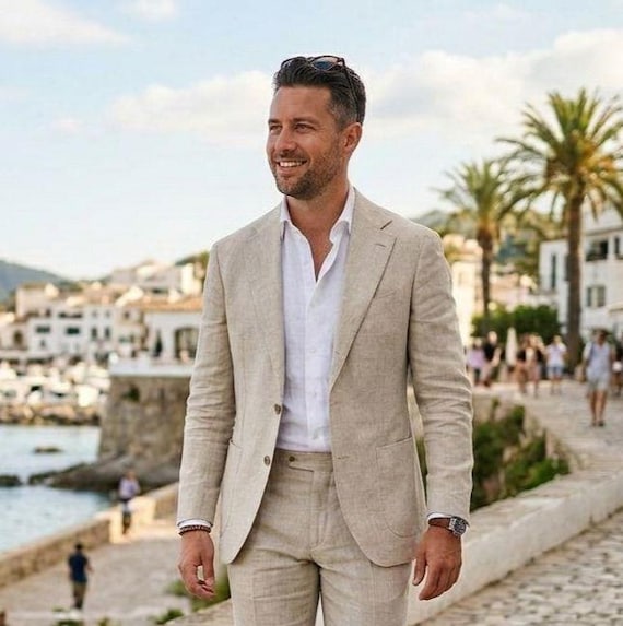 beige dress for men Men's Linen 2-Piece Suit, Lightweight Summer Wedding, Beach Vacation Outfit Blazer