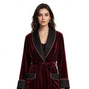 Luxury Burgundy Velvet Smoking Jacket for Women, Quilted Black Shawl Collar, Long Velvet Robe, Elegant Evening Wear, Wedding Party Jacket