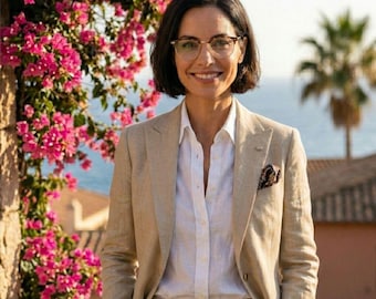Beige linnen kostuumset – getailleerde blazer, broek, mediterraan chique kantoorkleding