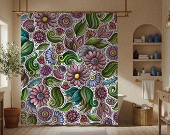 Boho Floral Shower Curtain | Colorful Botanical Bath Decor | Paisley Flower Pattern | Maximalist Bathroom | Eclectic Hippie Home Gift