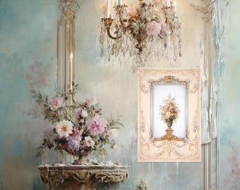 Vintage French Floral Wall Art | Rococo Blue & Gold Framed Panel | Romantic Cottage Wall Decor | Elegant Antique Style Artwork