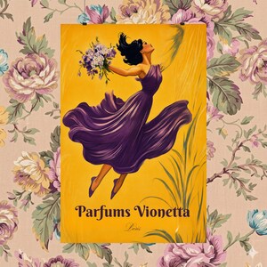 Vintage French Perfume Poster Parfums Vionetta Art Nouveau Wall Art Purple Yellow Floral Lady Belle Epoque Print Cottagecore Boutique Decor image 5