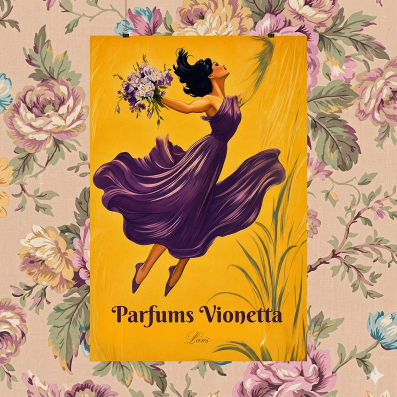 Vintage French Perfume Poster Parfums Vionetta Art Nouveau Wall Art Purple Yellow Floral Lady Belle Epoque Print Cottagecore Boutique Decor image 5
