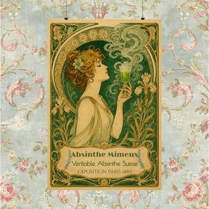 Absinthe Mimeux Vintage French Absinthe Poster Art Nouveau Green Fairy Wall Art Mucha Style Belle Epoque Print Bar Decor Dark Academia Gift image 8
