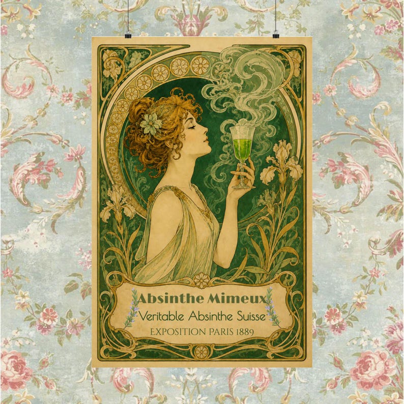 Absinthe Mimeux Vintage French Absinthe Poster Art Nouveau Green Fairy Wall Art Mucha Style Belle Epoque Print Bar Decor Dark Academia Gift image 8
