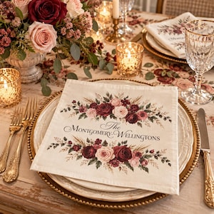 Personalized Family Name Cloth Napkins Set of 4 - Custom Burgundy Blush Floral Dinner Napkins Holiday Table Decor