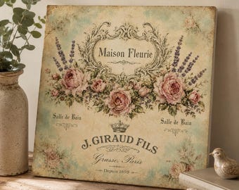 Maison Fleurie — French Bathroom Salle de Bain Sign, Vintage Rose Lavender Wall Art, Shabby Chic Cottage Bath Decor