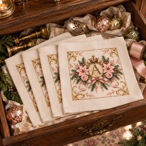 Personalized Monogram Christmas Napkins Set of 4 - Pink Poinsettia Crown Initial Cloth Dinner Napkins French Holiday Table Decor