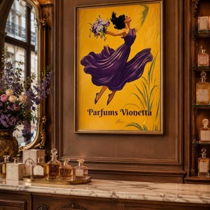 Vintage French Perfume Poster Parfums Vionetta Art Nouveau Wall Art Purple Yellow Floral Lady Belle Epoque Print Cottagecore Boutique Decor image 2