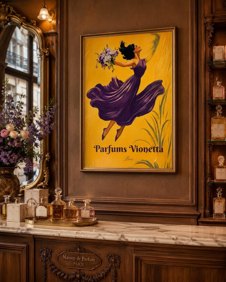 Vintage French Perfume Poster Parfums Vionetta Art Nouveau Wall Art Purple Yellow Floral Lady Belle Epoque Print Cottagecore Boutique Decor image 2