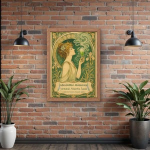 May include: A framed art print featuring an Art Nouveau style illustration of a woman holding a glass of green liquid with swirling smoke. The text reads Absinthe Mimeux, Veritable Absinthe Suisse, and EXPOSITION PARIS 1889 in a decorative border.