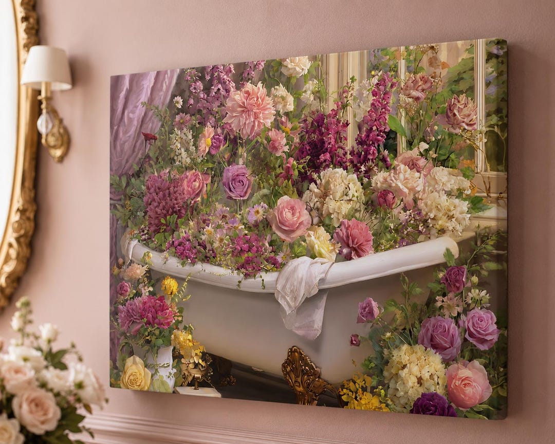 Floral Clawfoot Bathtub Canvas Print, Romantic Bathroom Wall Art ...