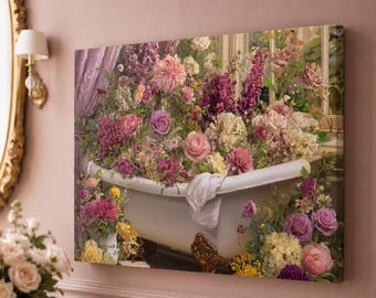 Floral Clawfoot Bathtub Canvas Print, Romantic Bathroom Wall Art, Cottagecore Rose Peony Painting, Shabby Chic Home Decor Gift