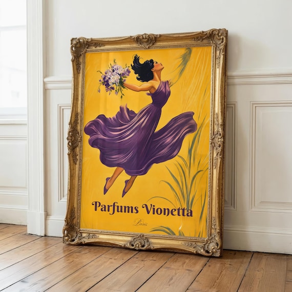 Vintage French Perfume Poster Parfums Vionetta Art Nouveau Wall Art Purple Yellow Floral Lady Belle Epoque Print Cottagecore Boutique Decor