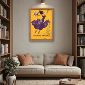 Vintage French Perfume Poster Parfums Vionetta Art Nouveau Wall Art Purple Yellow Floral Lady Belle Epoque Print Cottagecore Boutique Decor image 3