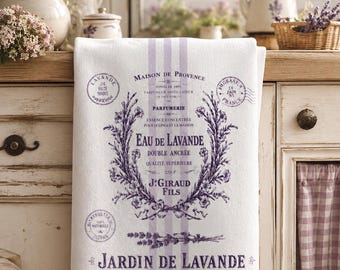 Strofinaccio da tè francese color lavanda Jardin de Lavande Strofinaccio da cucina in sacco di farina Vintage Provenza Sacco di grano a righe Stile rustico Cottagecore