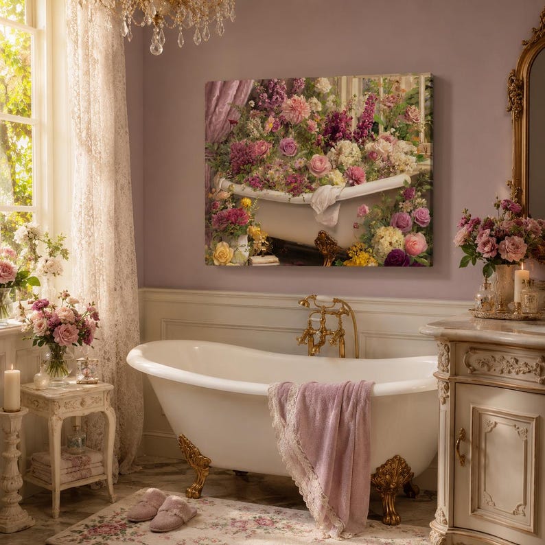 Floral Clawfoot Bathtub Canvas Print, Romantic Bathroom Wall Art ...