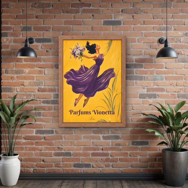Vintage French Perfume Poster Parfums Vionetta Art Nouveau Wall Art Purple Yellow Floral Lady Belle Epoque Print Cottagecore Boutique Decor image 4