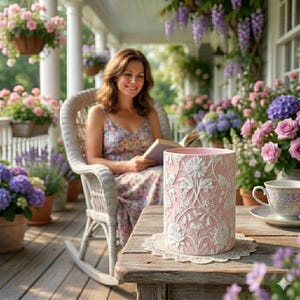May include: A pink ceramic vase with a white floral relief pattern sits on a wooden table. The vase is cylindrical and features detailed depictions of flowers and leaves. A teacup and saucer are also on the table, with a woman in the background.