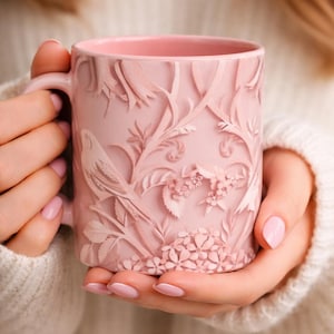 Blush Pink 3D Paper Floral Mug, Embossed Bird Flower Coffee Cup, Cottagecore Garden Mug, Vintage Botanical Aesthetic, Gift for Mom Grandma