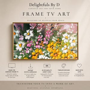 Op de afbeelding: Een ingelijst bloemenkunstwerk voor een Samsung Frame TV. Het schilderij toont een levendige weergave van gele, witte en roze bloemen met groen blad. Het kunstwerk is ontworpen om uw ruimte te verfraaien.