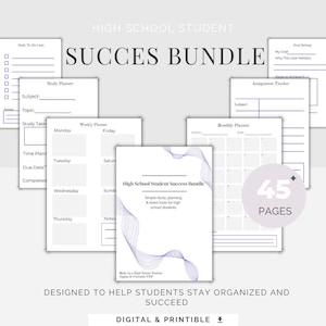 Op de afbeelding: Een digitale en printbare "Success Bundle" voor middelbare scholieren. De bundel bevat een studieplanner, een opdrachttacker en tools voor het stellen van doelen. De omslag toont de tekst "High School Student Success Bundle" en "45 Pages".