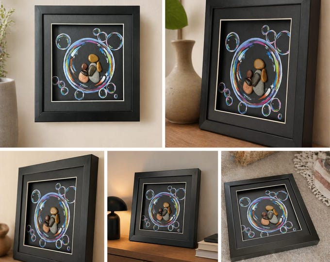 3D Pebble Art Family Portrait: Bubble Shadowbox Wall Decor, Coastal Boho Home Accent
