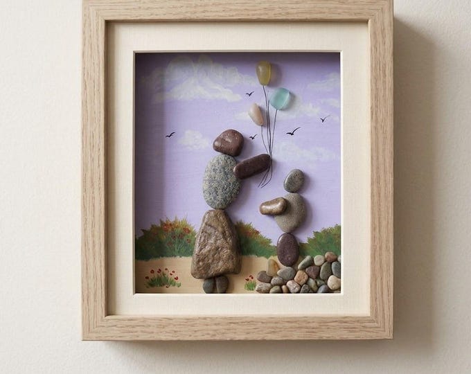 Mother Child Pebble Art, Sea Glass Balloon Wall Decor, Natural Stone Nursery Art