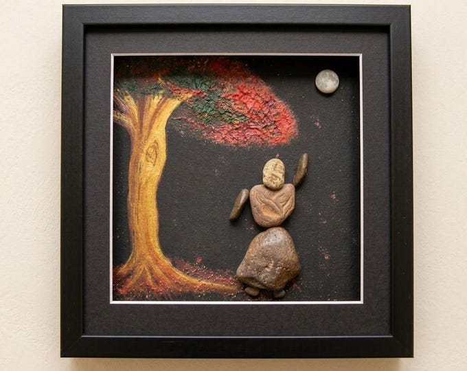 Handcrafted Pebble Art, Celestial Full Moon Shadow Box, Spiritual Night Sky Landscape