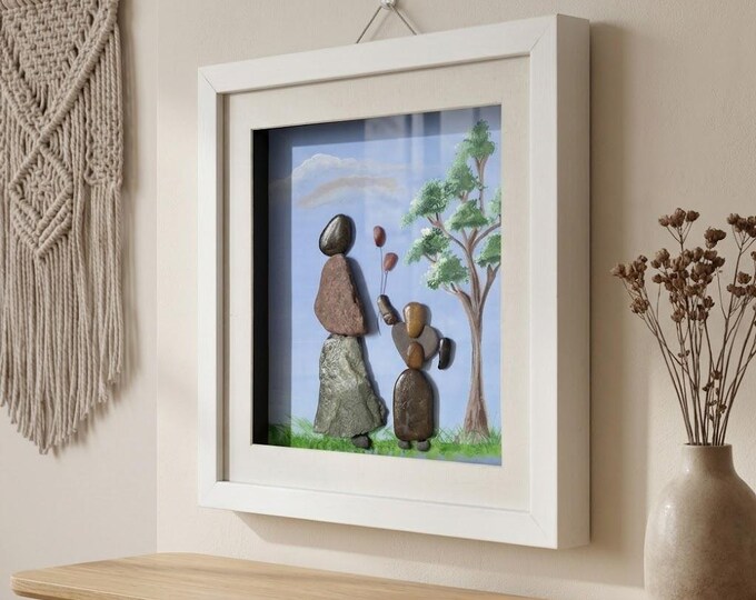 Handmade Mother Child Pebble Art, Stone Family Love Artwork, Minimalist Shadow Box