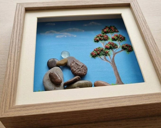 Pebble Art Couple, Sea Glass Blue Sky Landscape, Hand Painted Tree Decor