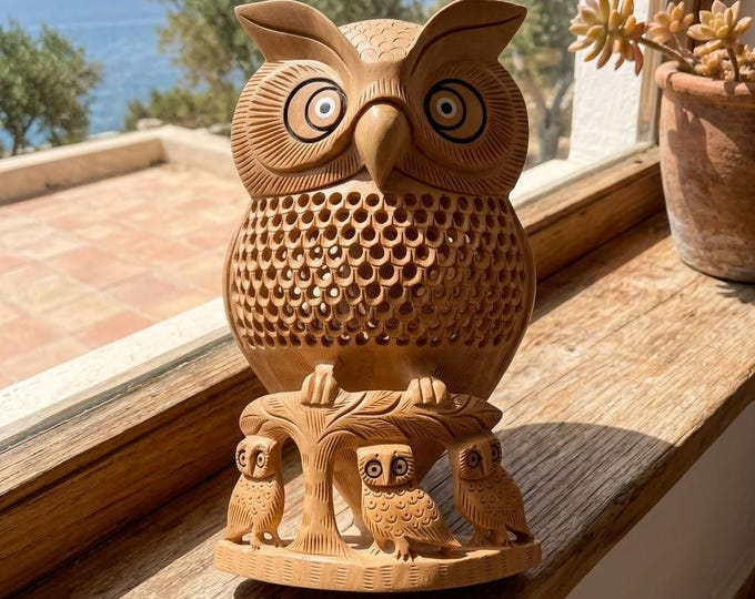 Hand Carved Wooden Owl Family Statue, Rustic Boho Farmhouse Decor Accent