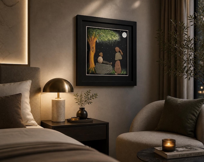 Couple Pebble Art, Night Sky Tree, Moonlit Scene, Anniversary Gift, Framed Stone Painting