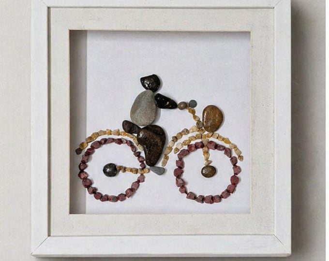 Pebble Art Cyclist in White Shadow Box – Minimalist Bike Wall Decor