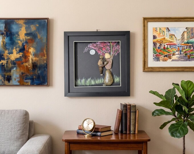 Pebble Art Couple, Cherry Blossom Tree, 3D Shadow Box Wall Art, Anniversary Gift