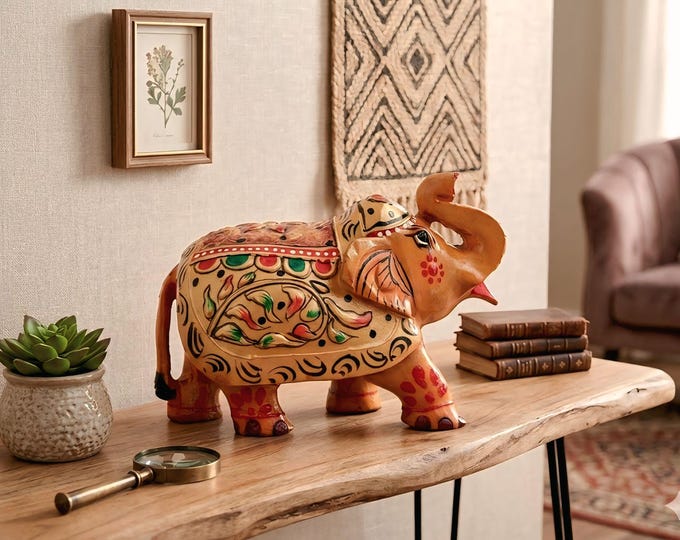 Handcrafted Painted Wooden Elephant Statue, Boho Rustic Artisan Decor, Lucky Prosperity Figurine