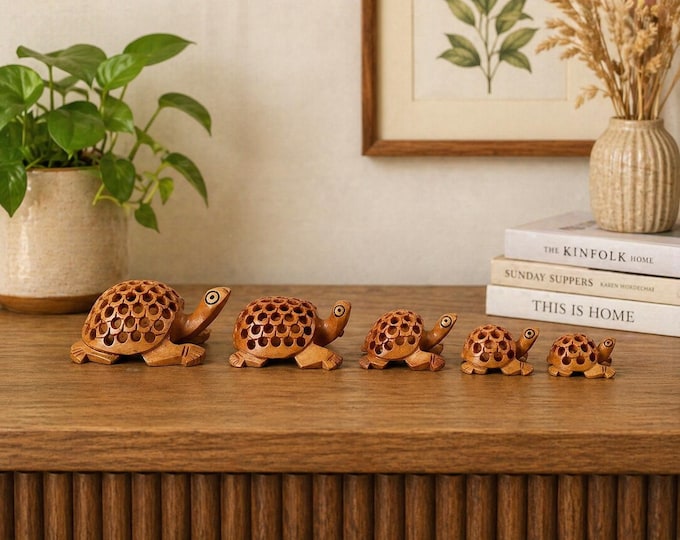 Hand Carved Wooden Turtle Family Set, Jali Lattice Tortoise Figurines, Boho Shelf Decor